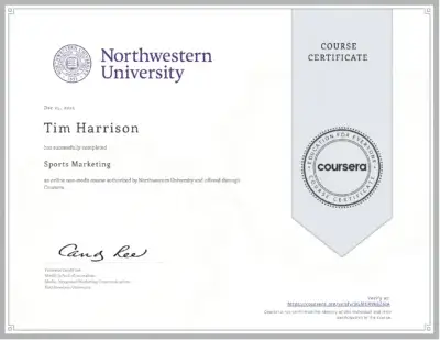 tim harrison coursera certificate sports marketing