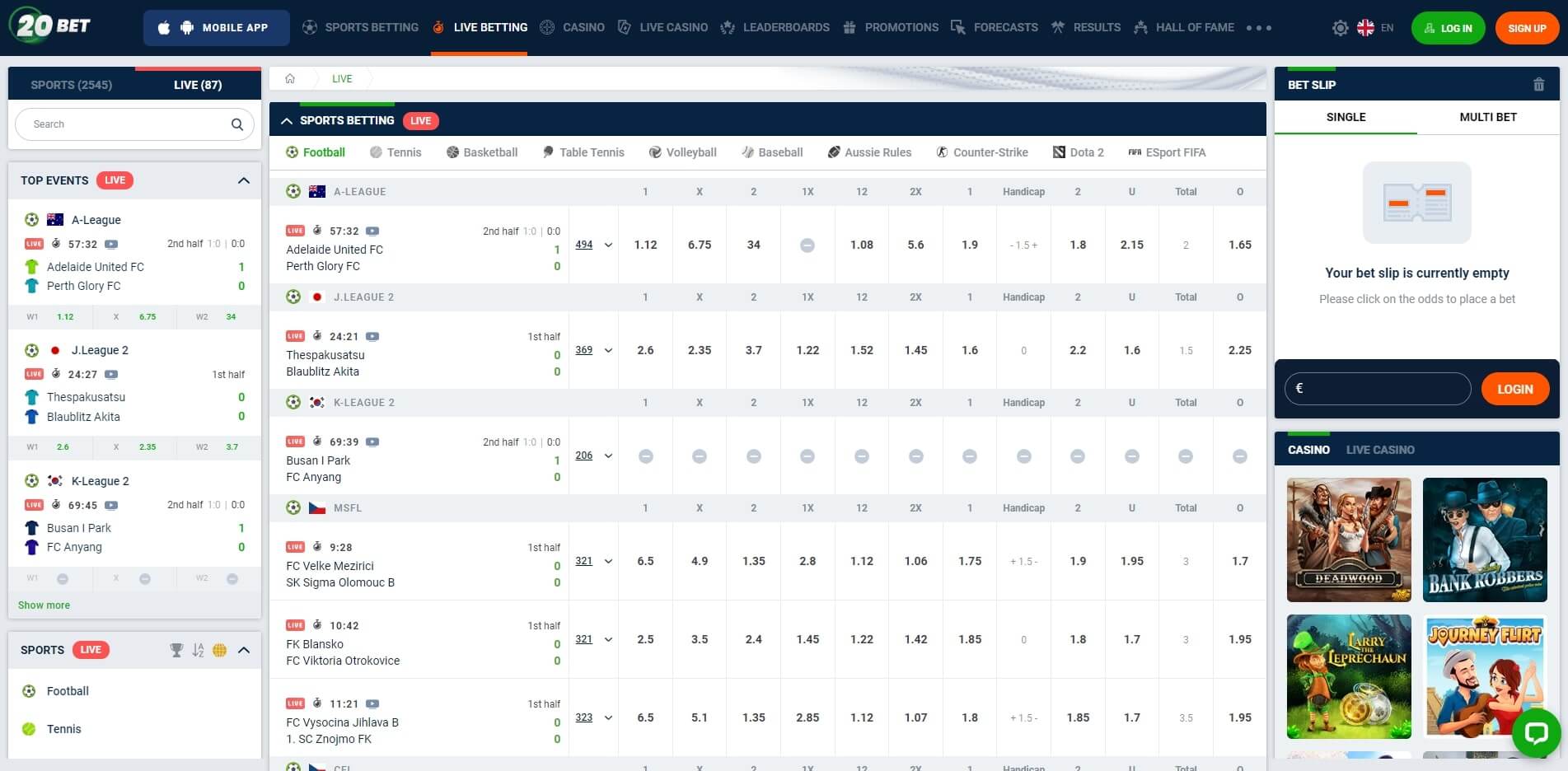 Live Betting 20bet