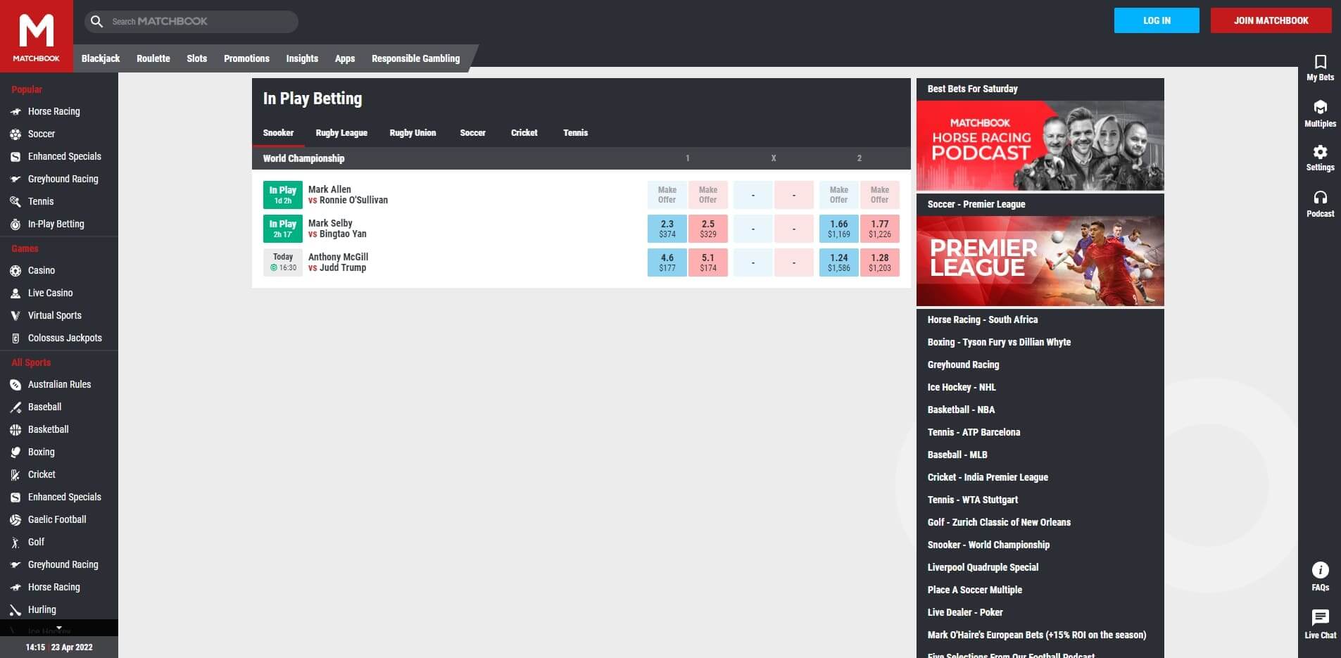 Matchbook Live Betting