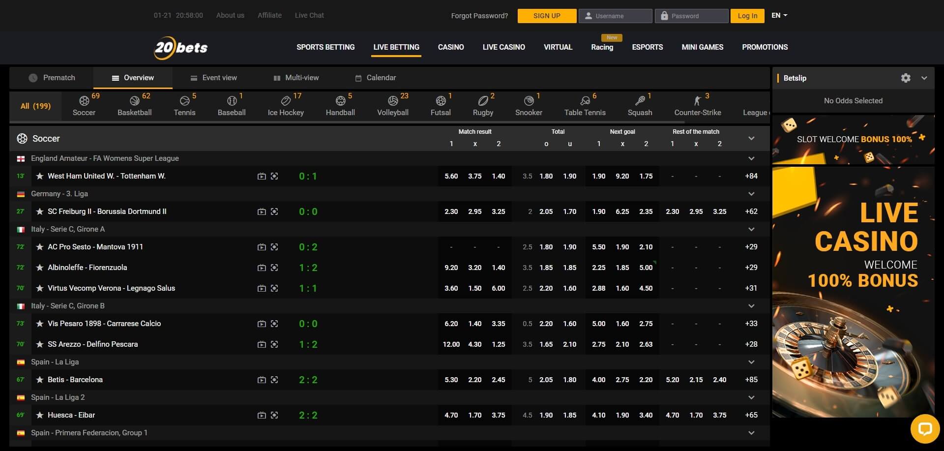 20Bets Live Betting