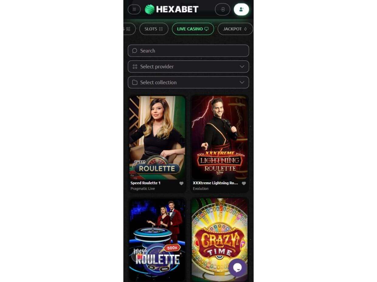 Mobile Live Casino at Hexabet