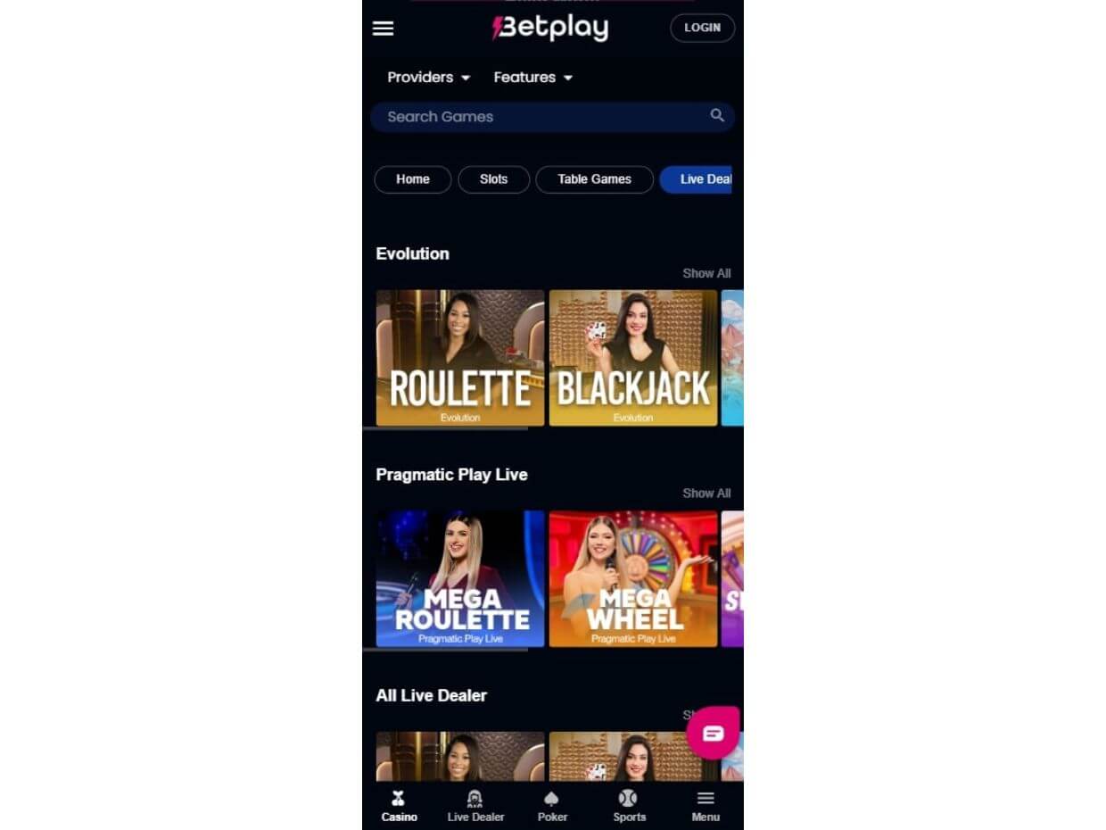 Mobile Live Casino Betplay.io