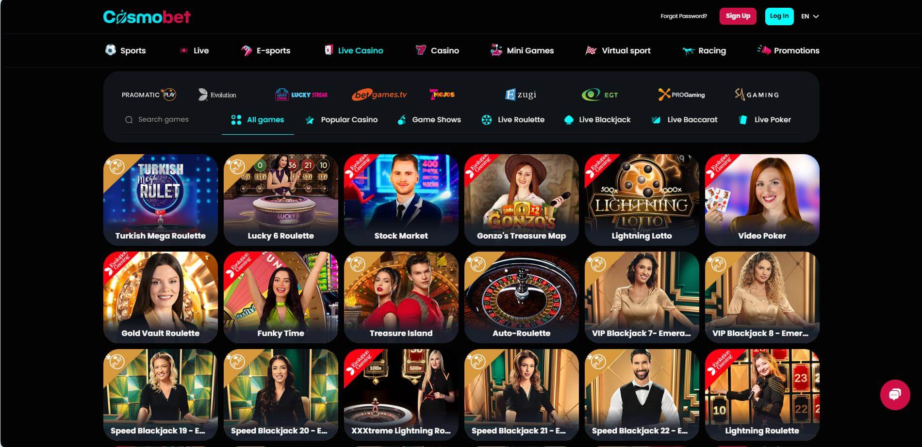 CosmoBet Casino Live Screen
