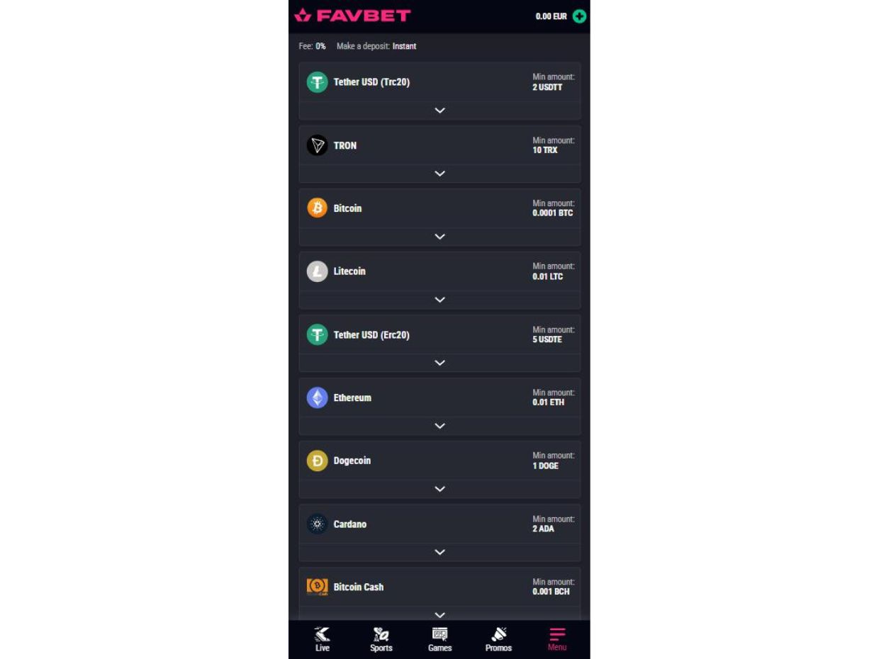 FavBet Mobile Website Deposit Methods