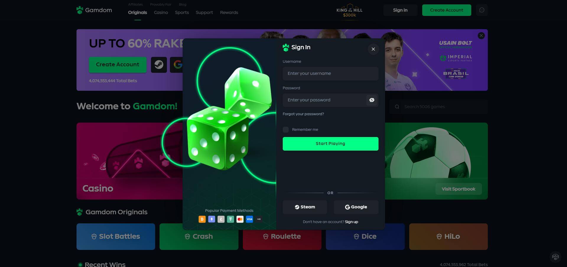 Gamdom Login Screen Interface