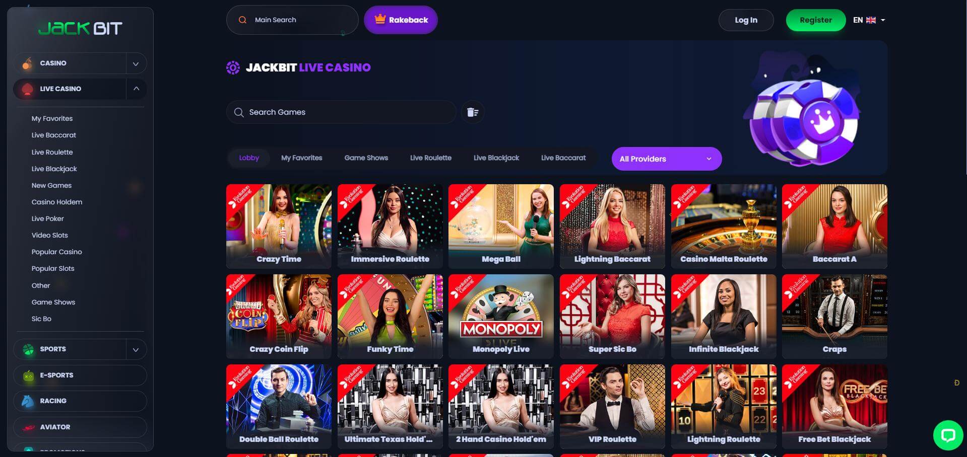 JackBit Live Casino Screen
