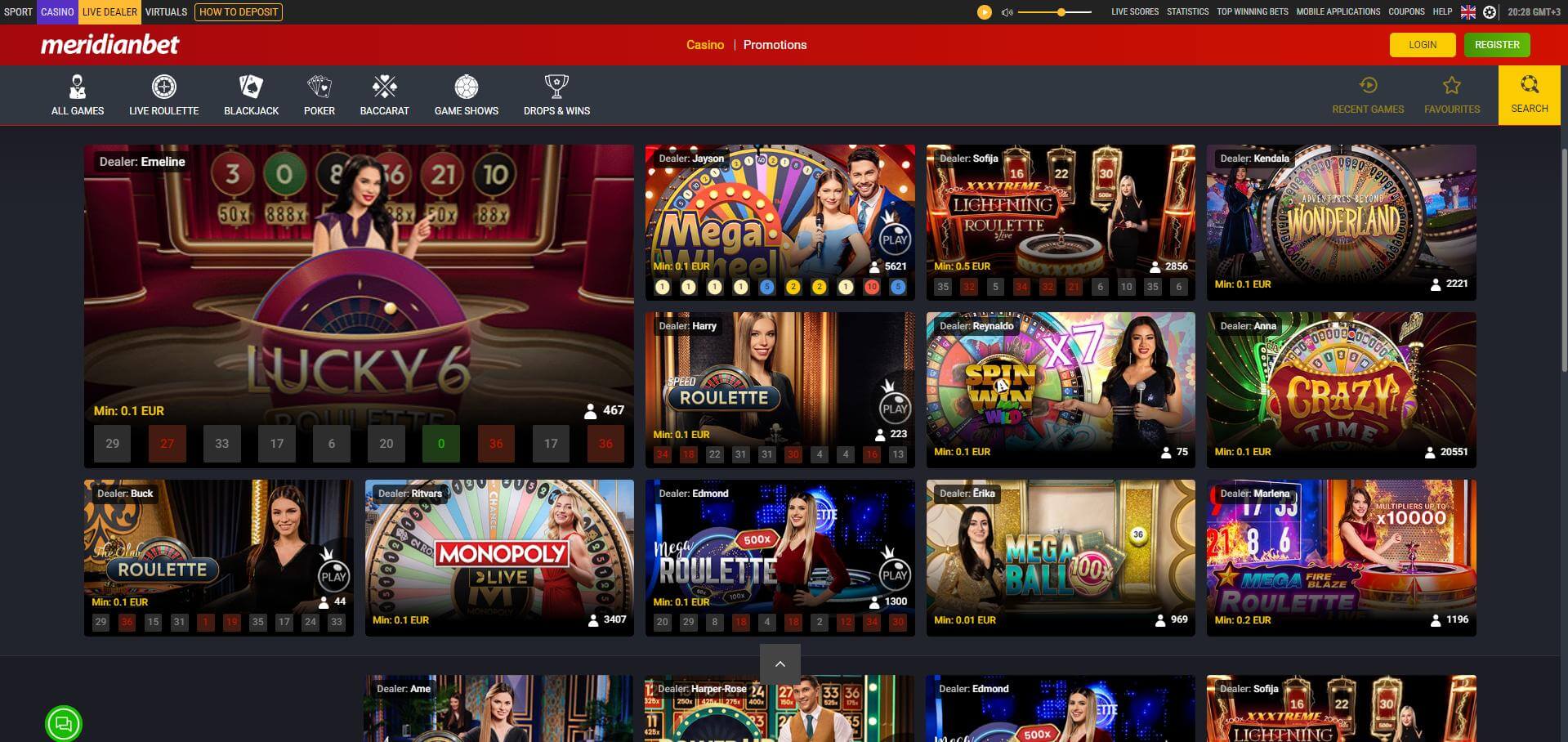 MeridianBet Live Casino Screen