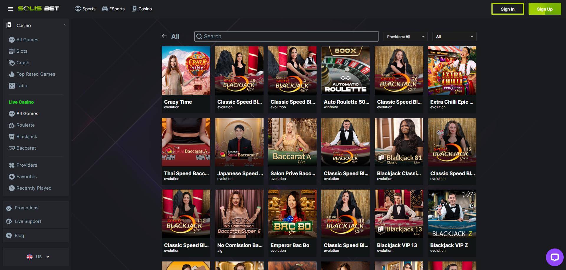 SolisBet Live Casino Screen