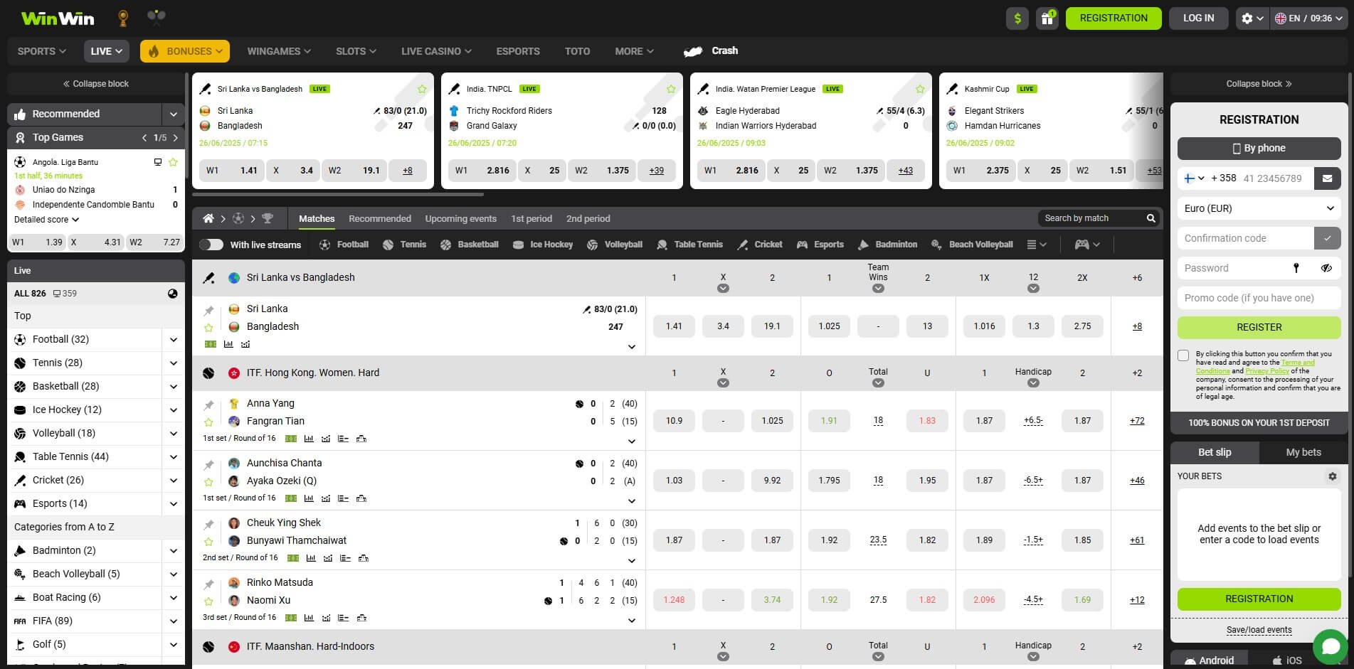 WinWin Bet live betting interface displaying real-time odds and match statistics