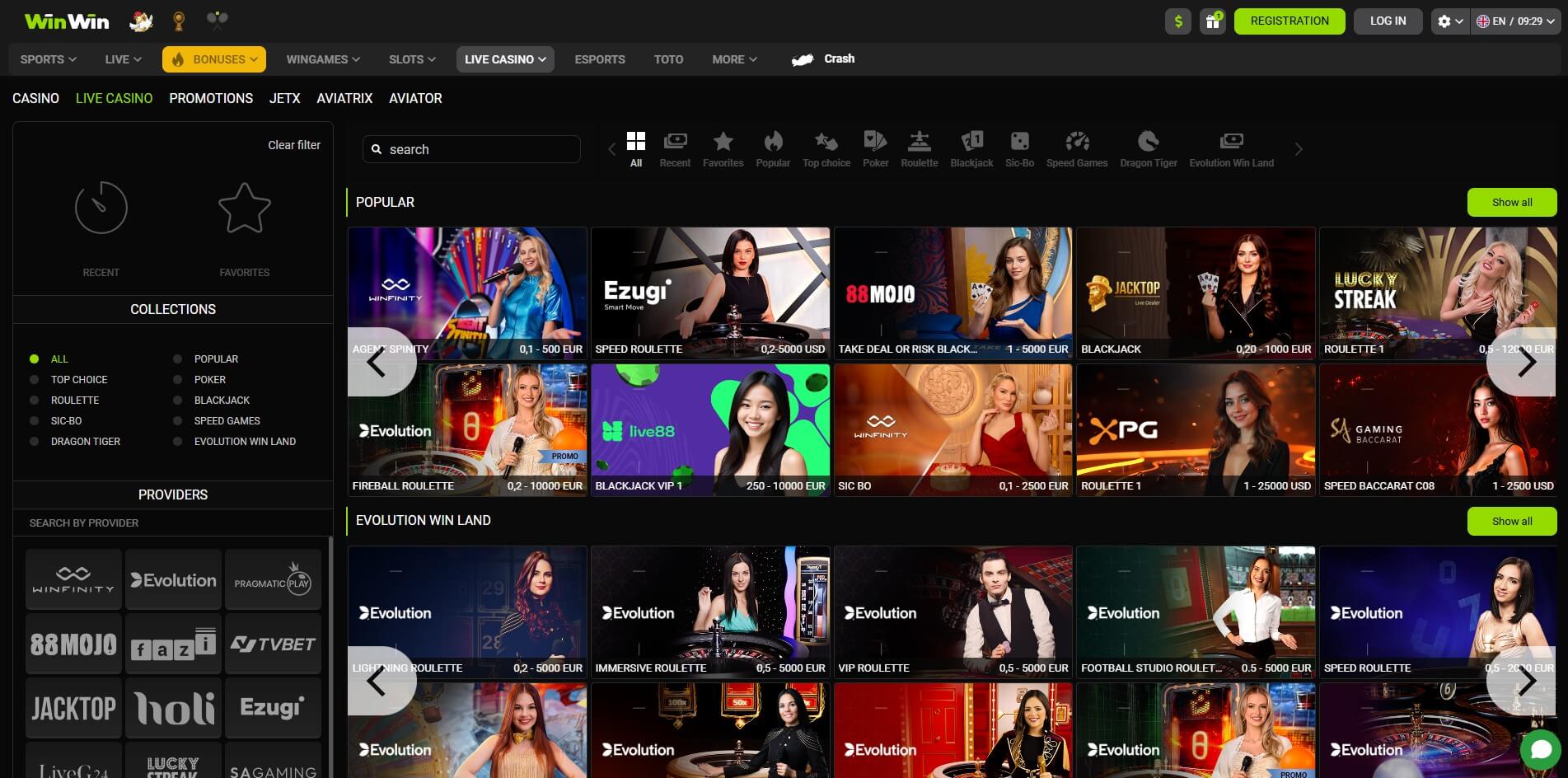 WinWin Bet live casino interface with live dealer and real-time gameplay