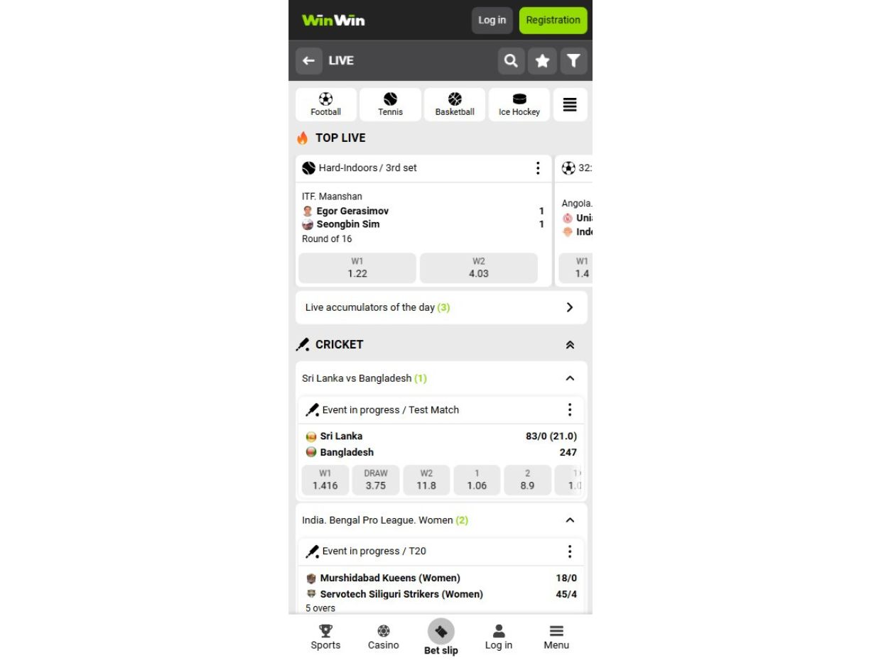 WinWin Bet mobile live betting screen with real-time match updates and odds