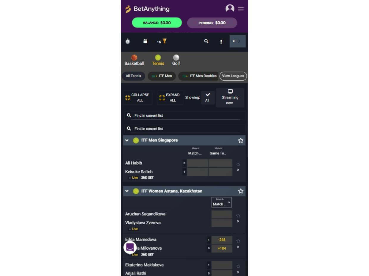 Betanything Mobile Live Betting