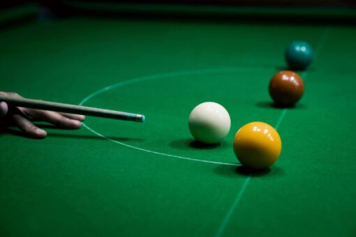 Snooker table with balls arranged for the main section