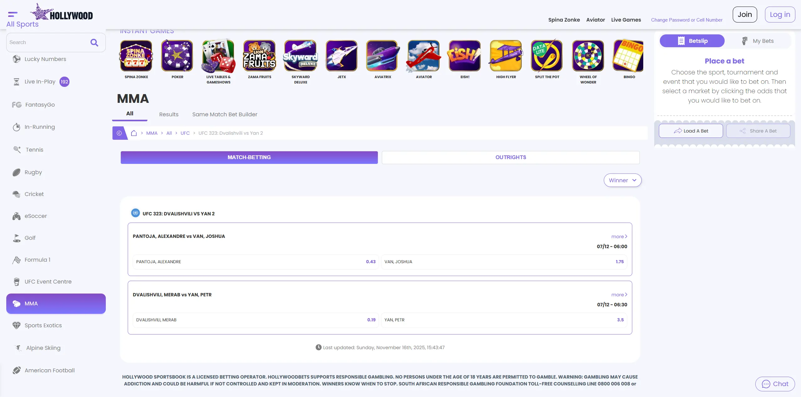 Hollywoodbets website, MMA/UFC section
