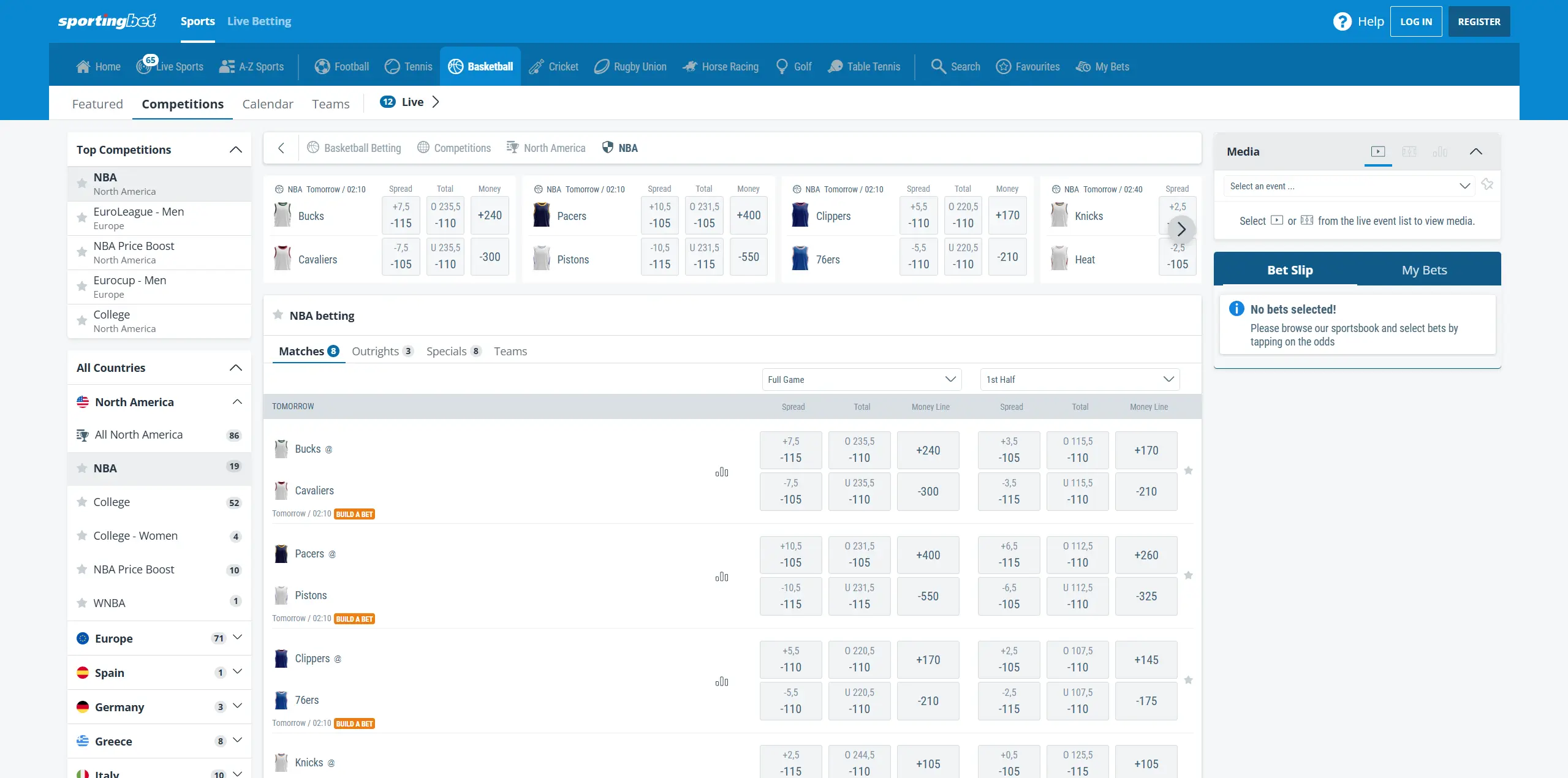 Sportingbet website, NBA section