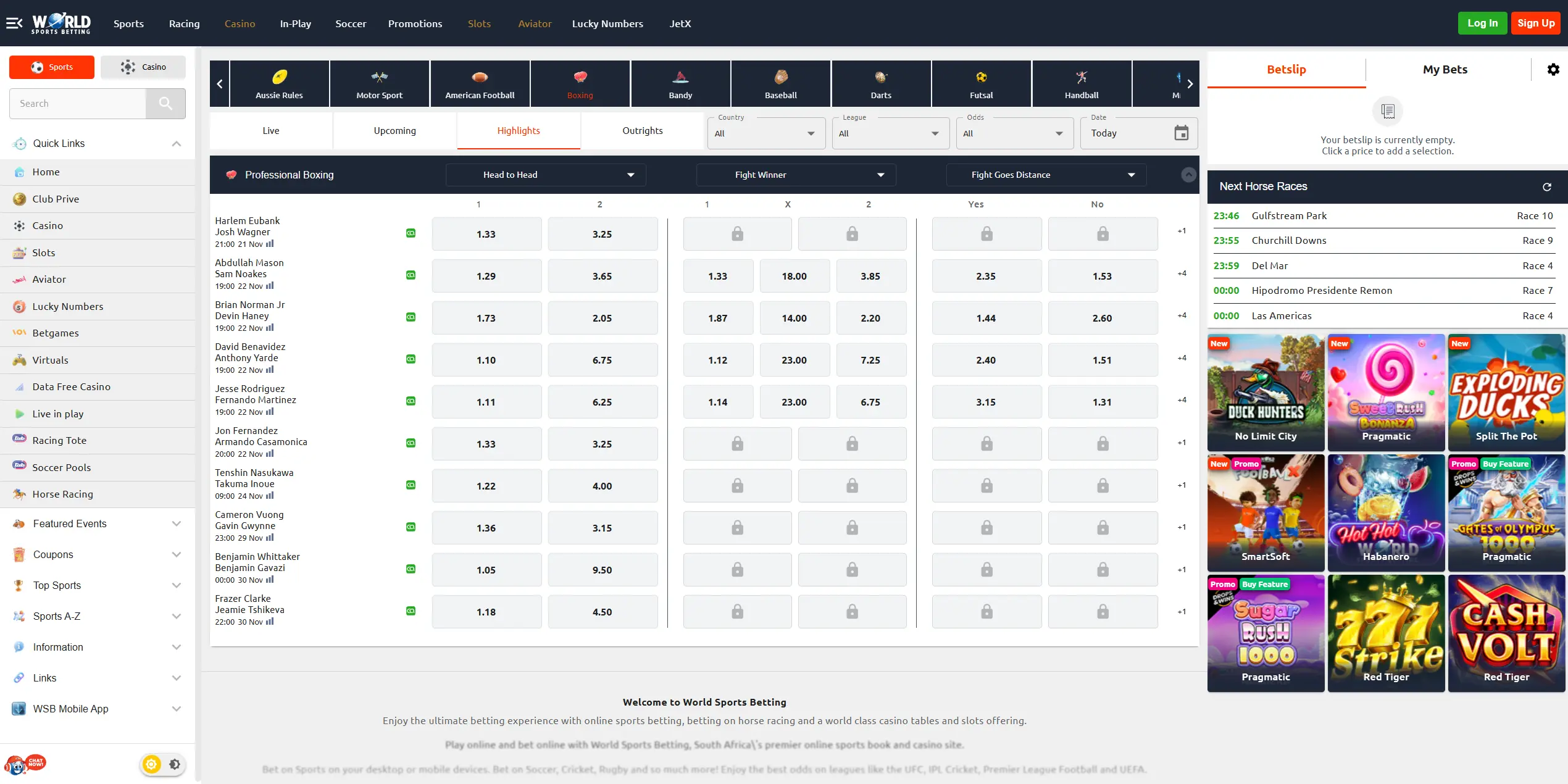 World Sports Betting website, boxing section