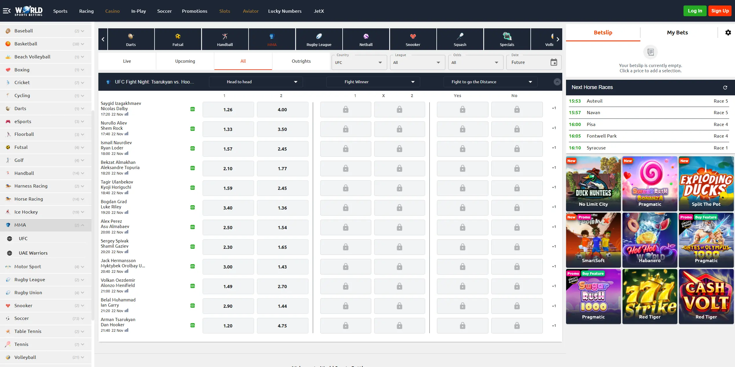 World Sports Betting website, MMA/UFC section