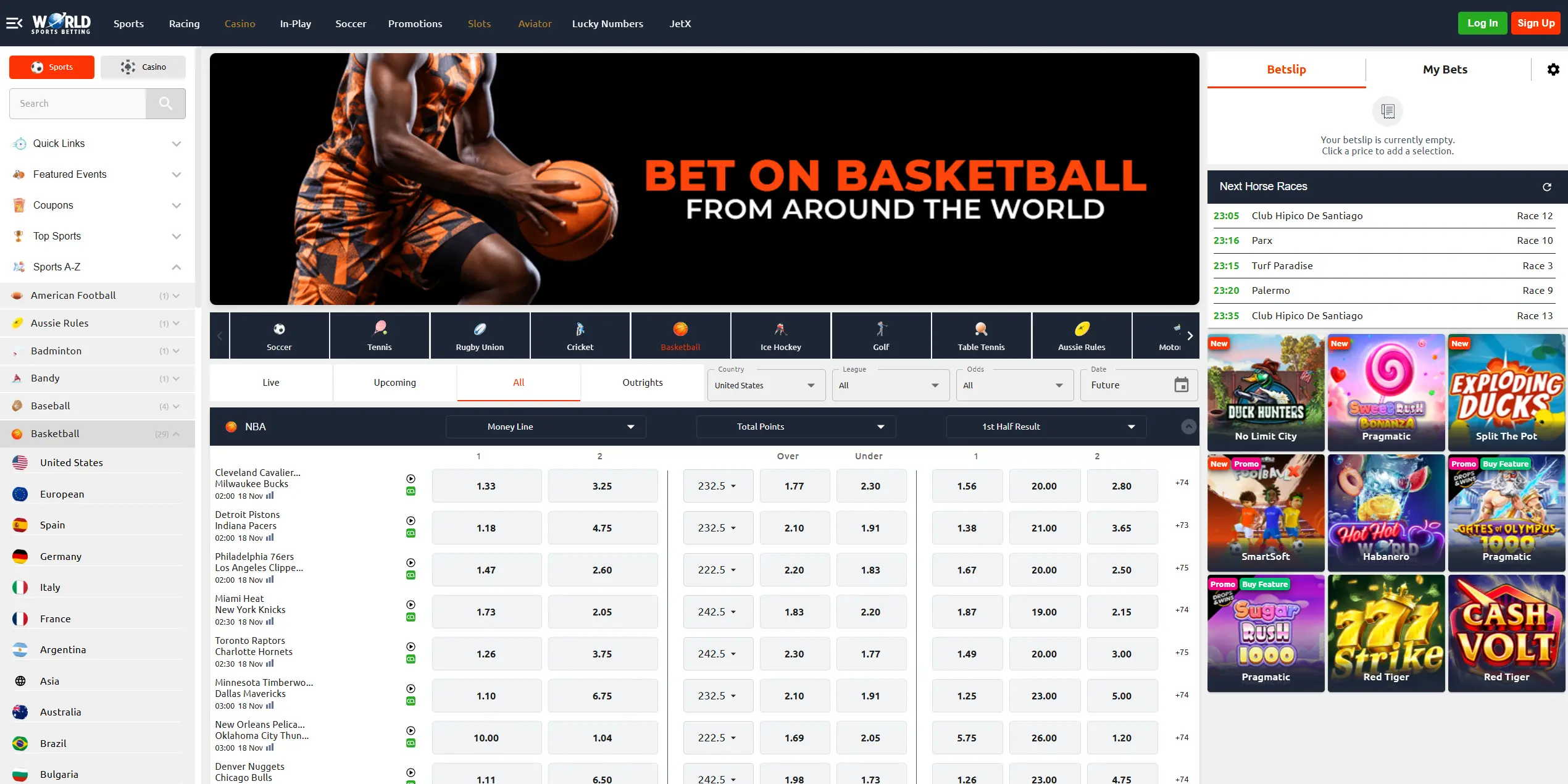 World Sports Betting website, NBA section